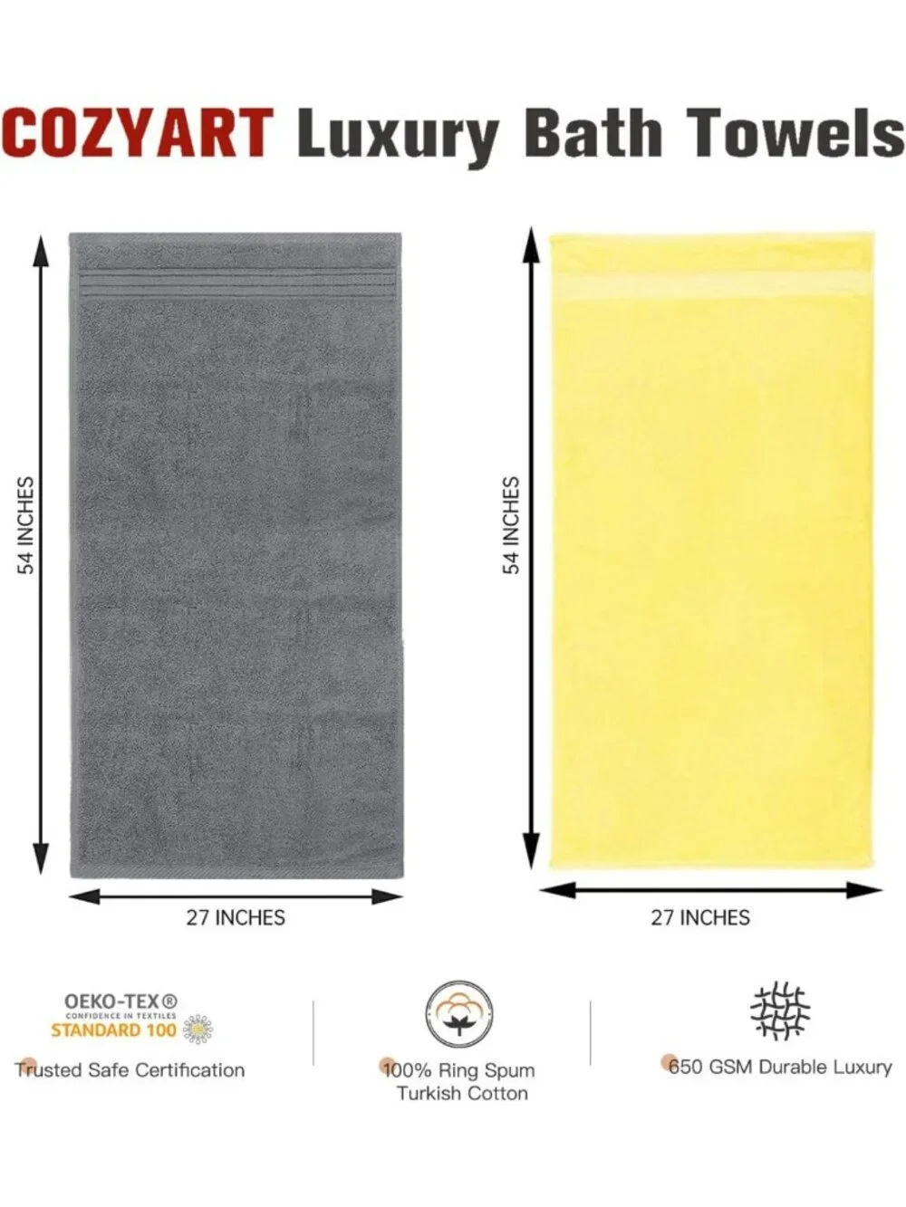 Soft Turkish Cotton Bath Towels Set, 4 PCS, 27x54, 650 GSM, Grey & Yellow